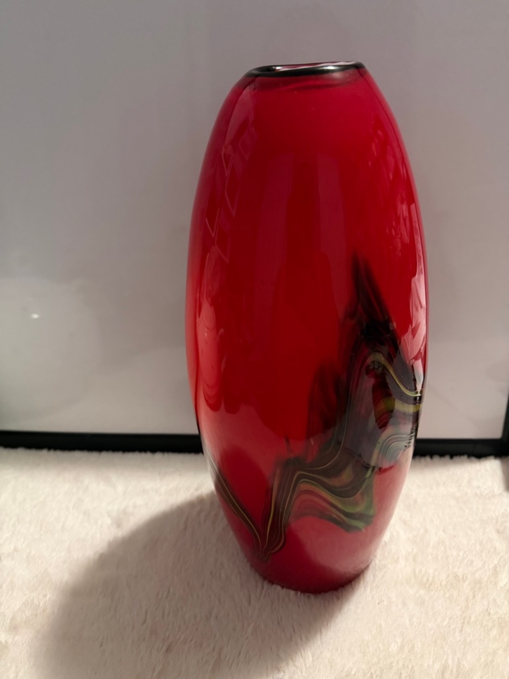 Red Art Glass Decorative Vase with Multicolor Swirl